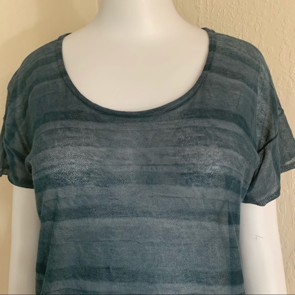 INHABIT Sheer Tonal Striped Scoop Neck Tee Lagoon Blue Size Small - Picture 6 of 16